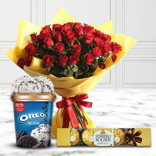 Tasty Ferrero Rocher n Kwality Walls Oreo Ice Cream with Red Roses Bouquet