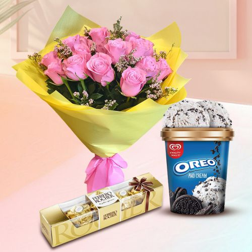 Lovely Gift of Kwality Walls Oreo Ice Cream with Pink Roses n Ferrero Rocher