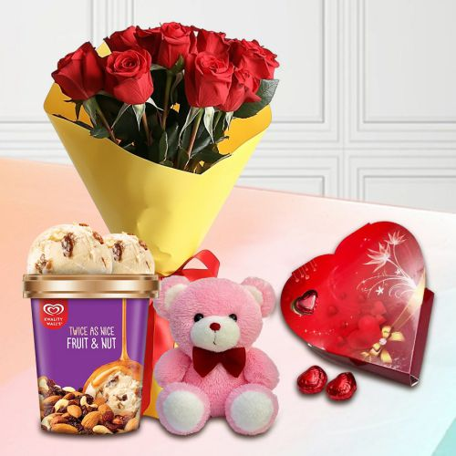 Joyful Red Roses n Kwality Walls Twin Flavor Ice Cream with Teddy n Handmade Chocolates