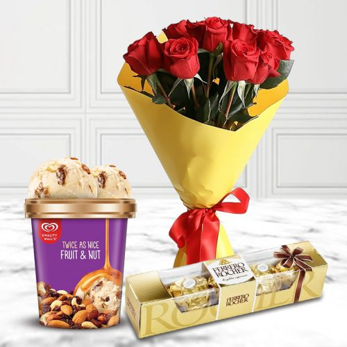Luscious Kwality Walls Twin Flavor Ice Cream with Red Roses Bouquet n Ferrero Rocher
