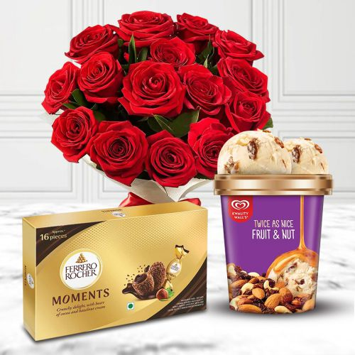 Mesmerizing Red Rose with Kwality Walls Twin Flavor Ice Cream n Ferrero Moments