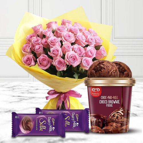 Exquisite Kwality Walls Choco Brownie Fudge Ice Cream n Pink Roses with Cadbury Silk
