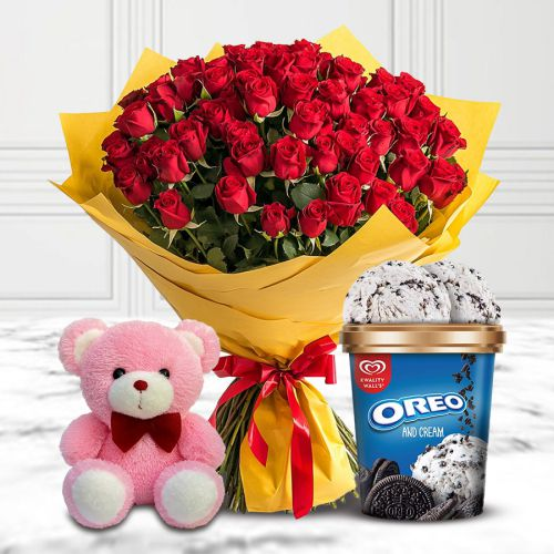 Luscious Kwality Walls Oreo n Cream Ice Cream with Red Roses Bouquet n Teddy