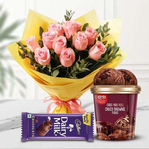 Delightful Kwality Walls Choco Brownie Ice Cream n Pink Roses with Cadbury Chocolates