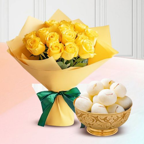 Mothers Day Special Yellow Rose Bouquet with Haldiram Rasgulla	