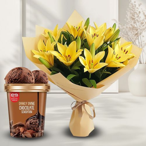 Luminous Yellow Lilies Bouquet with Chocolate Ice-Cream from Kwality Walls
