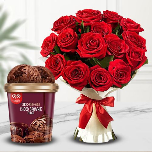 Delicate Red Rose Bouquet with Choco Brownie Fudge from Kwality Walls