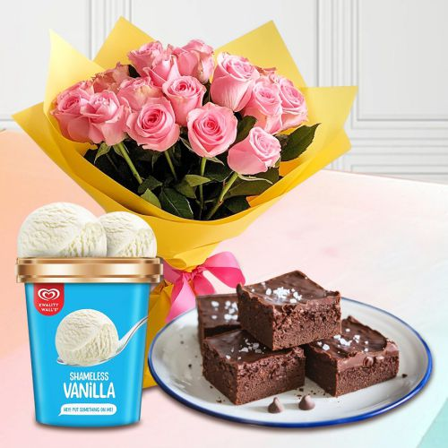 Elegant Pink Roses with Chocolate Brownie n Kwality Walls Ice Cream