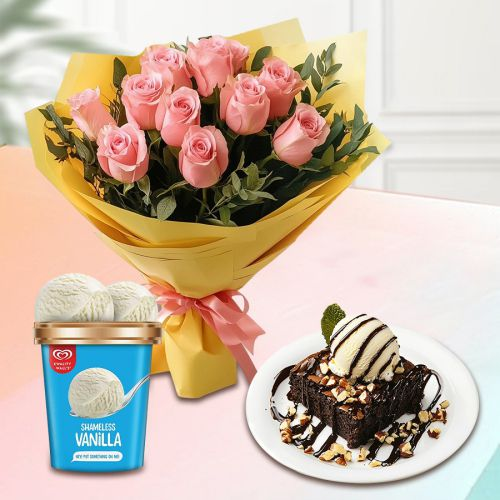 Beautiful Pink Roses with Chocolate Walnut Brownie n Kwality Walls Ice Cream