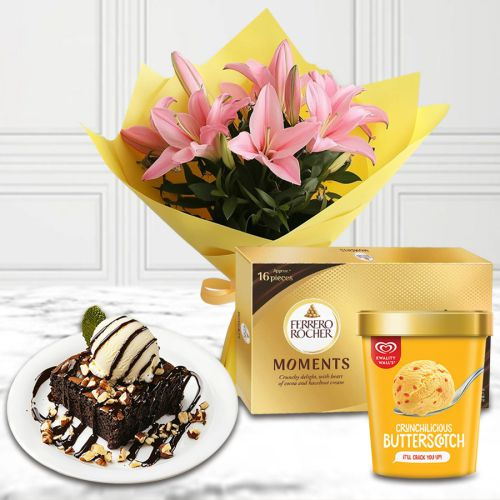 Chocolicious Brownie N Pink Lilies with Kwality Walls Butterscotch Ice Cream