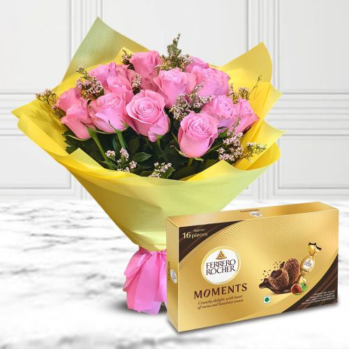Graceful Pink Roses Bouquet n Ferrero Rocher Moments Chocolates