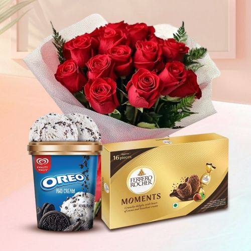 Magnificent Red Roses Bouquet n Kwality Walls Ice Cream with  Ferrero Rocher Moments