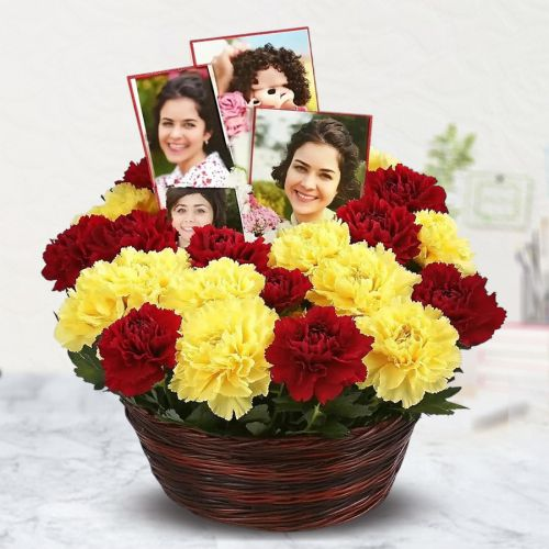 Trendy Red n Yellow Carnations n Personalized Photo Basket