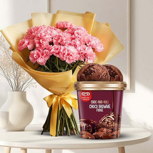 Aromatic Pink Carnation Bouquet with Kwality Walls Choco Brownie Fudge Ice Cream