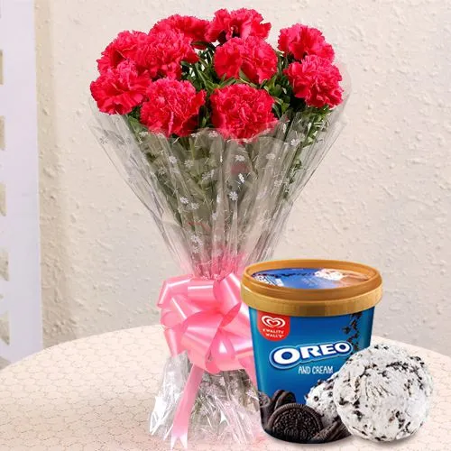 Breathtaking Red Carnation Bouquet With Kwality Walls Oreo Ice Cream