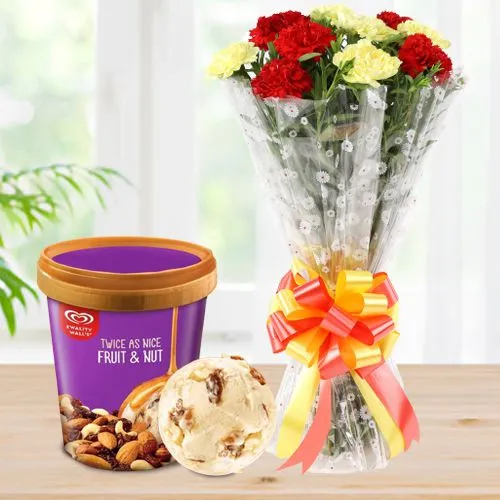 Magnificent Mixed Carnation Bouquet with Fruit n Nut Ice-Cream from Kwality Walls