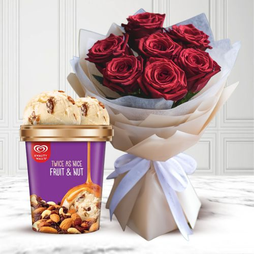 Impressive Red Roses Bouquet with Fruit n Nut Ice-Cream from Kwality Walls