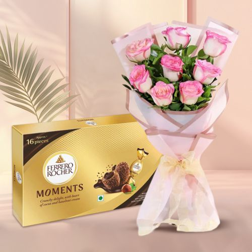 Elegant Pink Roses Bouquet with Ferrero Rocher Moment Chocolate Box