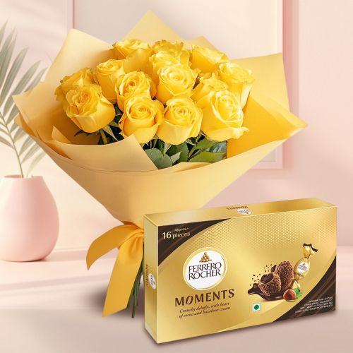 Bright Bouquet of Yellow Roses with Ferrero Rocher Moment Chocolate Box