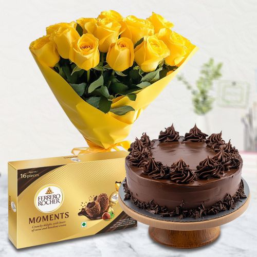 Yummy Chocolate Cake N Yellow Rose Bouquet with Ferrero Rocher Moments