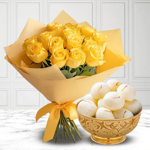 Majestic Bouquet of Yellow Roses with Pack of Haldiram Rasgulla