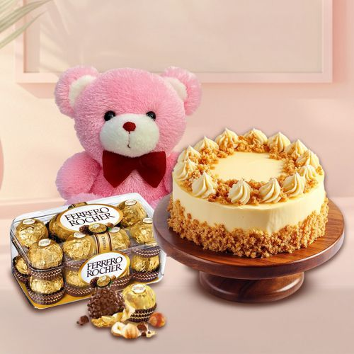 Fabulous Treat of Butterscotch Cake N Chocolates with a Soft Teddy