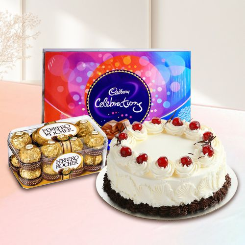 Attractive Combo of Cadbury Celebration, Ferrero Rocher and White Forest Cake