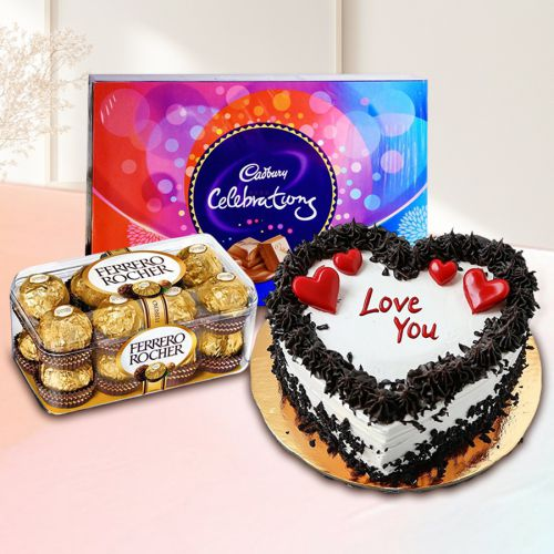 Special Heart Shape Cake with Ferrero Rocher and Cadbury Celebration Combo