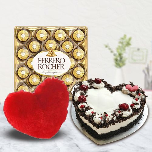 Romantic Gift of Heart Cake N Cushion with Ferrero Rocher