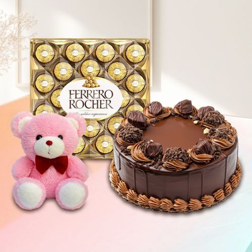 Ecstatic Gift of Ferrero Rocher N Chocolate Cake with Cute Teddy