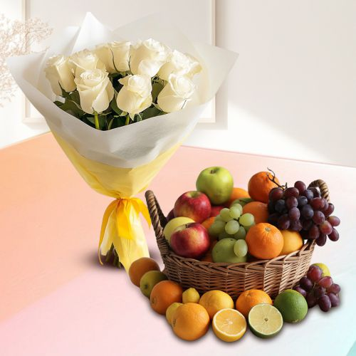 Soft Touch of White Roses Bouquet with Fresh Fruits