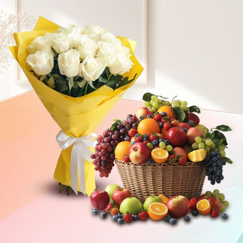 Alluring White Roses Bouquet N Fresh Fruits Combo