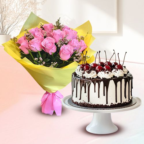 Soft Pink Roses bunch with delectable Black Forest Cake