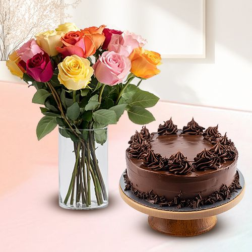 Order Online Mixed Roses in a Glass Vase with Chocolate Cake