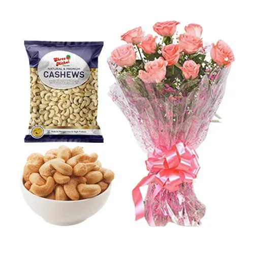 Shree Mithai Kaju King Sweet with Pink Rose Bouquet