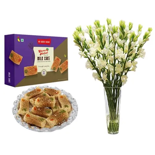 Premium Quality Shree Mithai Milk Cake with Rajnigandha Stems in Glass Vase