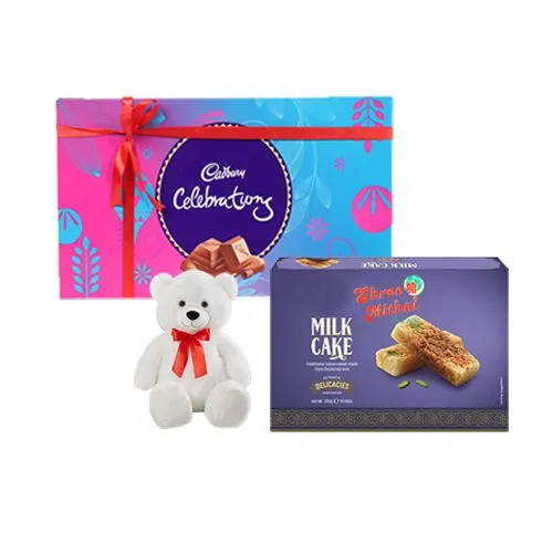 Gift of Shree Mithai Milk Cake with Teddy N Cadbury Celebration