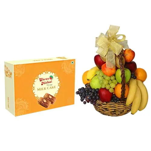 Famous Shree Mithai Milk Cake with Fresh Fruit Basket