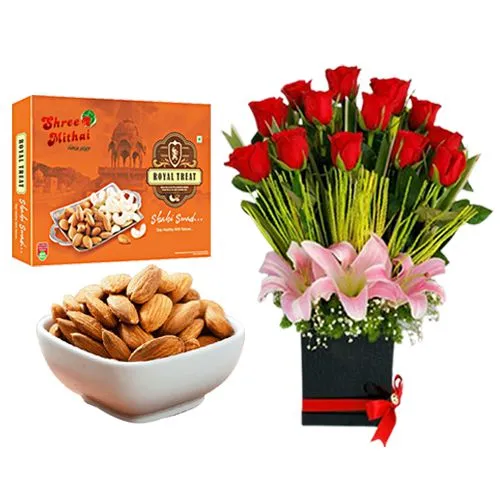 Royal Pack of Almond Treat from Shree Mithai with Designer Flower Arrangement