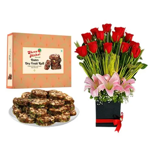 Shree Mithai Dry Fruit Dates Roll with Designer Flower Arrangement
