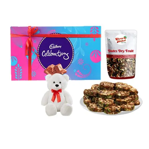 Shree Mithai Dry Fruit Dates Roll with Teddy N Cadbury Celebration Pack