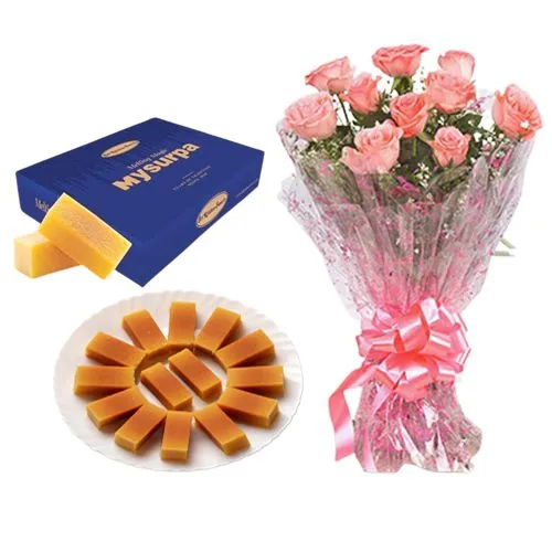 Sri Krishna Sweets Mysurpa with Pink Rose Bouquet