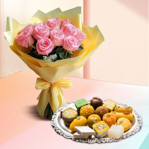 Mixed Sweets Box and Pink Roses Bouquet