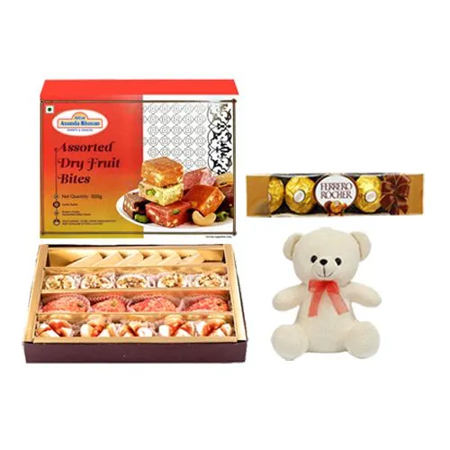 Adyar Ananda Bhawan Assorted Sweets with Teddy N Ferrero Rocher Chocolate Pack