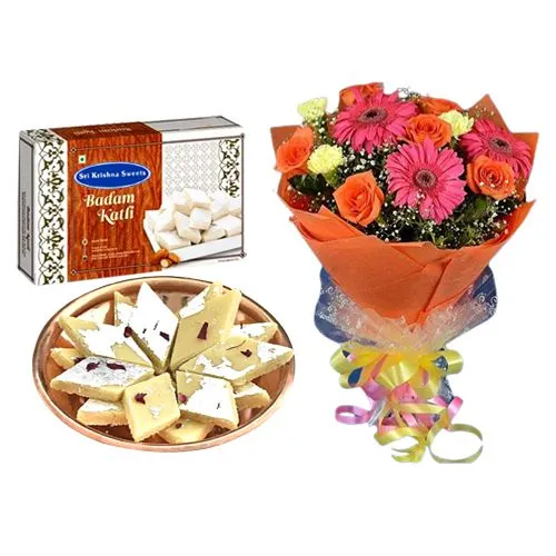Sri Krishna Sweets Badam Kathli with Seasonal Flower Bouquet