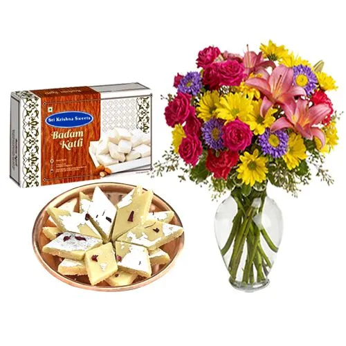 Sri Krishna Sweets Badam Kathli with Mixed Flower Arrangement