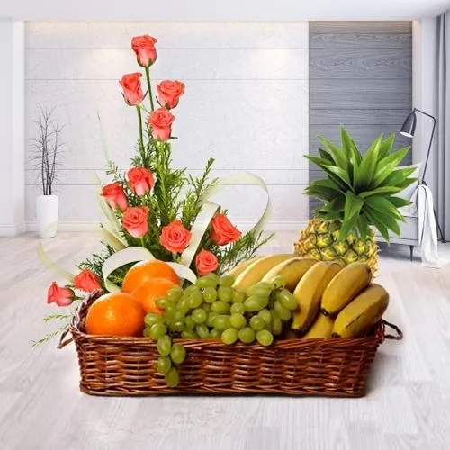 Heavenly Dozen of Pink Roses with Fruits Basket for Celebration