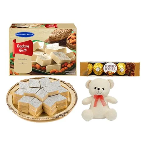 Sri Krishna Sweets Badam Kathli with Teddy N Ferrero Rocher Chocolate Pack