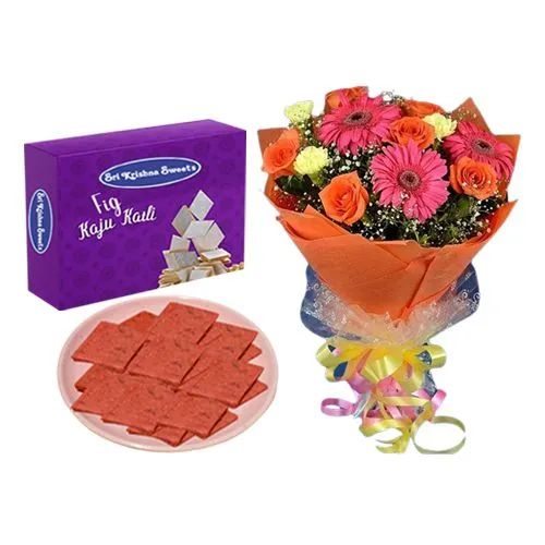 Sri Krishna Sweets Fig Kathli with Seasonal Flower Bouquet