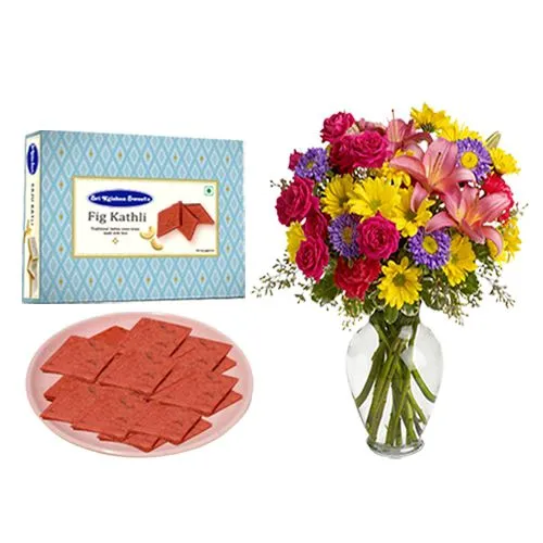 Sri Krishna Sweets Fig Kathli with Mixed Flower Arrangement
